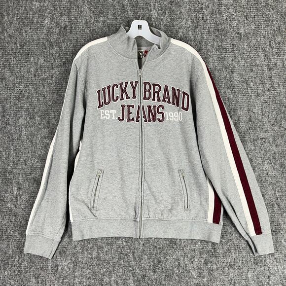 Lucky Brand Cardigan Sweater Mens XXL Gray Patches Zip Up Track Athletic Jeans - Picture 1 of 7